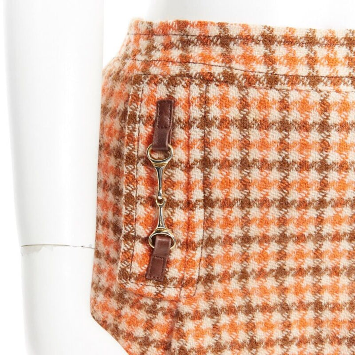 vintage CELINE 1980 orange check wool pleat skirt leather horsebit cuff FR44 XXL