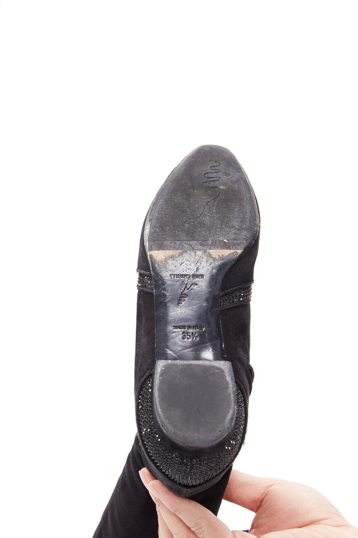 RENE CAOVILLA black suede crystal strass back slit knee flat boot EU35.5