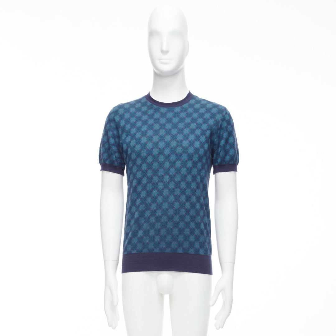 BRIONI silk cashmere blue navy diagonal check short sleeve sweater IT50 L