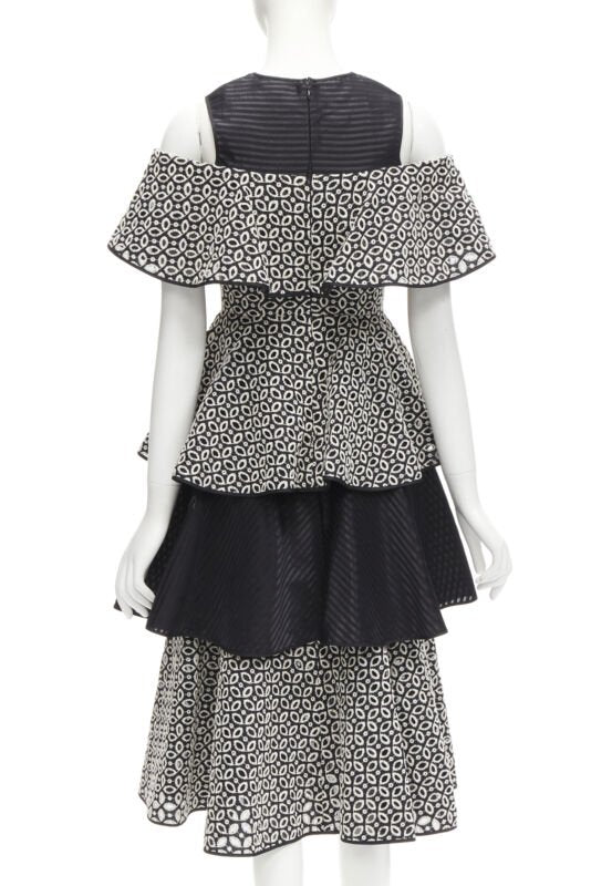 HUISHAN ZHANG black white eyelet embroidery anglais cold shoulder dress US2 XS