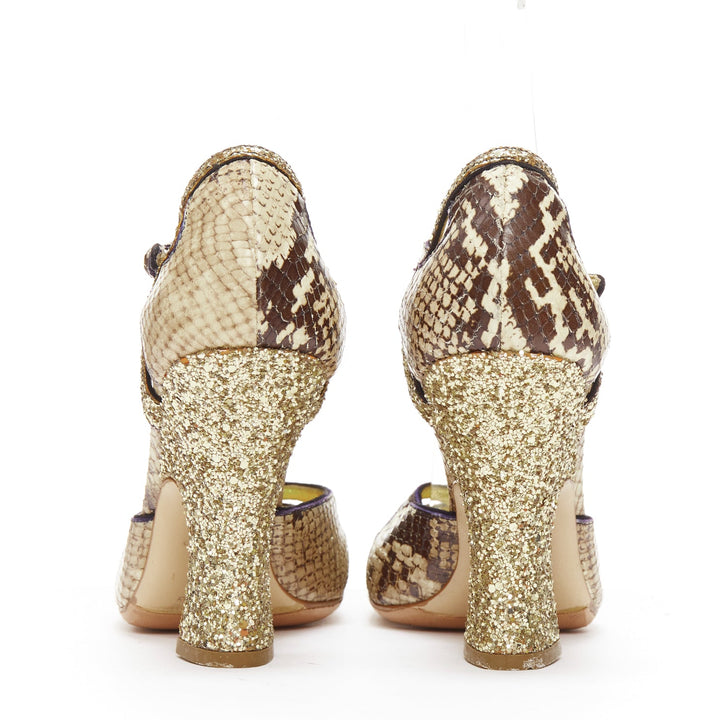 MIU MIU Vintage snake print gold course glitter chunky heel maryjane EU36.5
