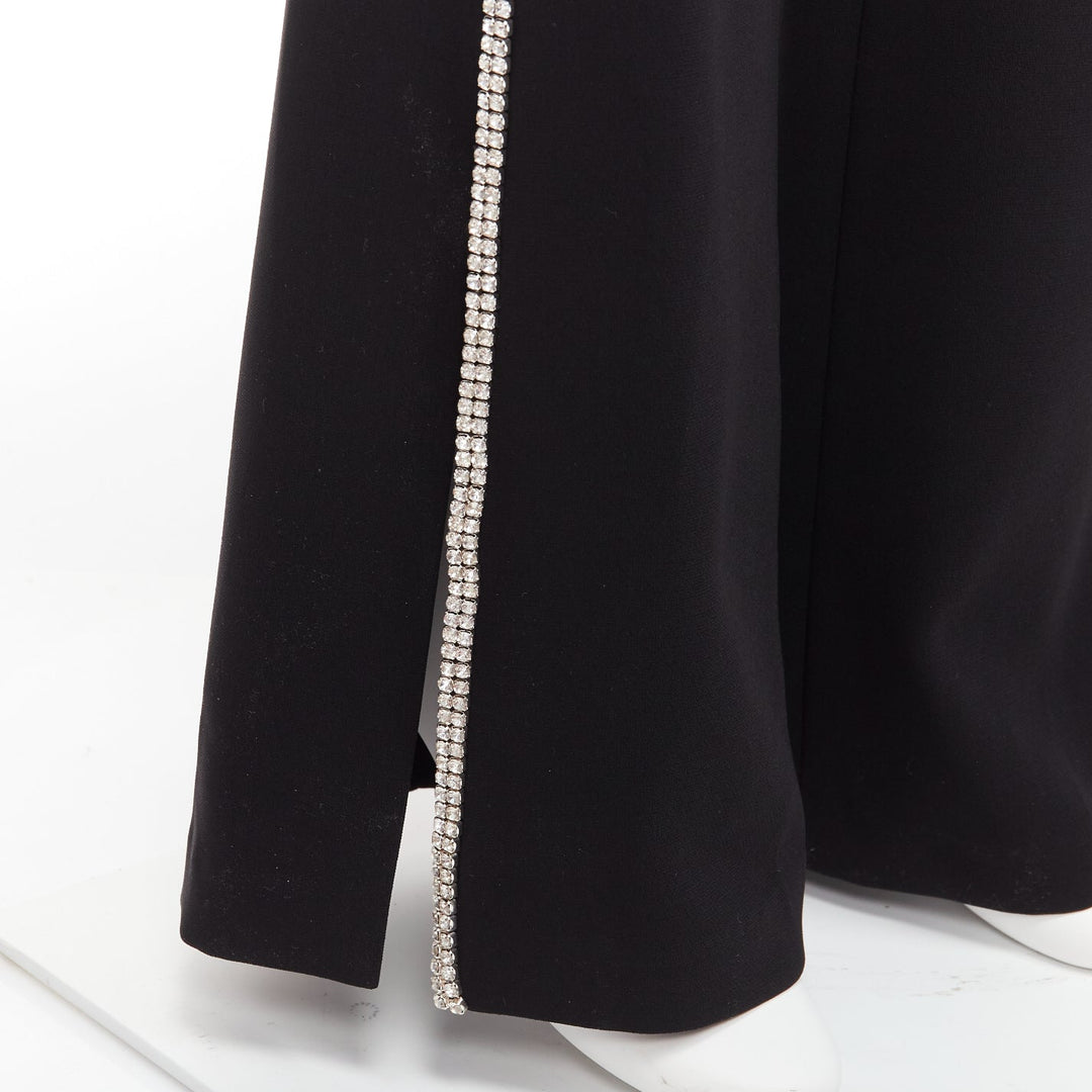 CINQ A SEPT clear strass crystal trim black high waisted flare slit pants US0 XS