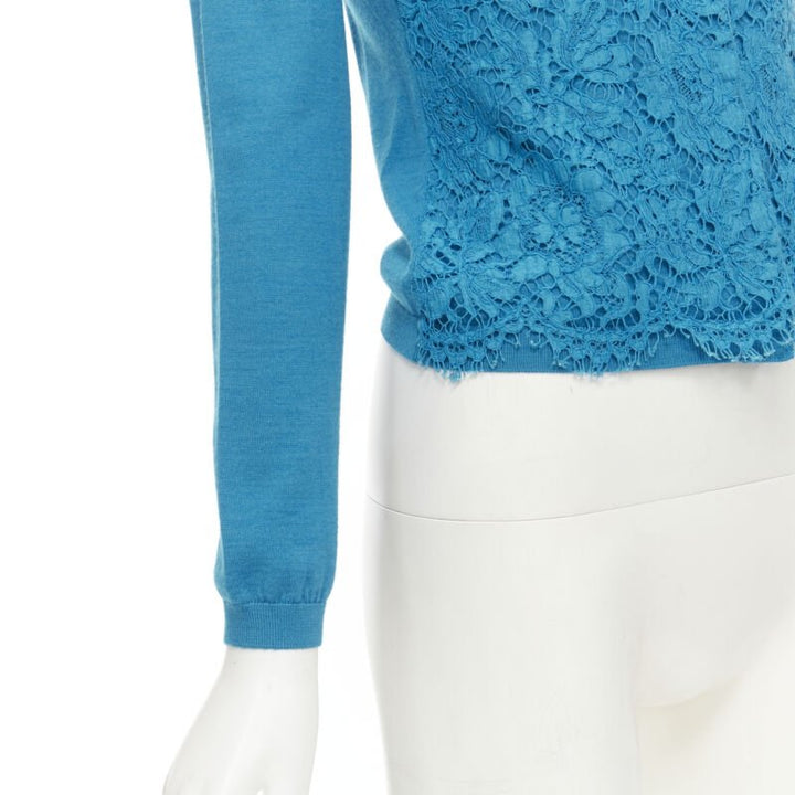 VALENTINO blue floral lace front wool silk cashmere cardigan sweater S