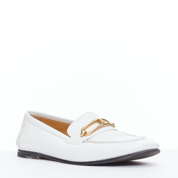 HERMES Colette white goat leather gold plated Roulis buckle loafers EU37