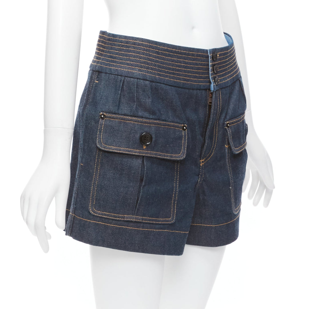 CHLOE blue cotton raw denim yellow topstitched cargo pocket shorts FR36 S