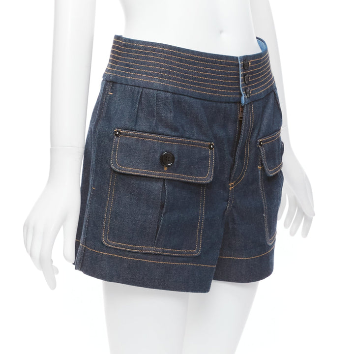 CHLOE blue cotton raw denim yellow topstitched cargo pocket shorts FR36 S