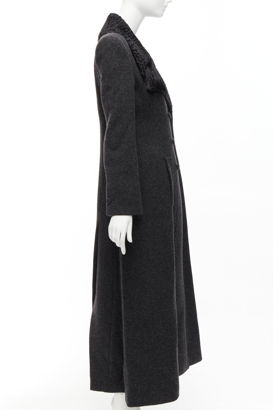 FENDI Vintage Astrakhan fur collar grey virgin wool blend longline coat IT42 M