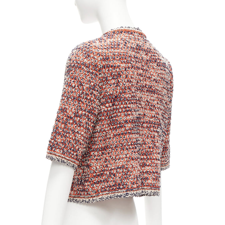 CHANEL 2011 red boule knit CC logo gold chain cropped jacket FR36 S