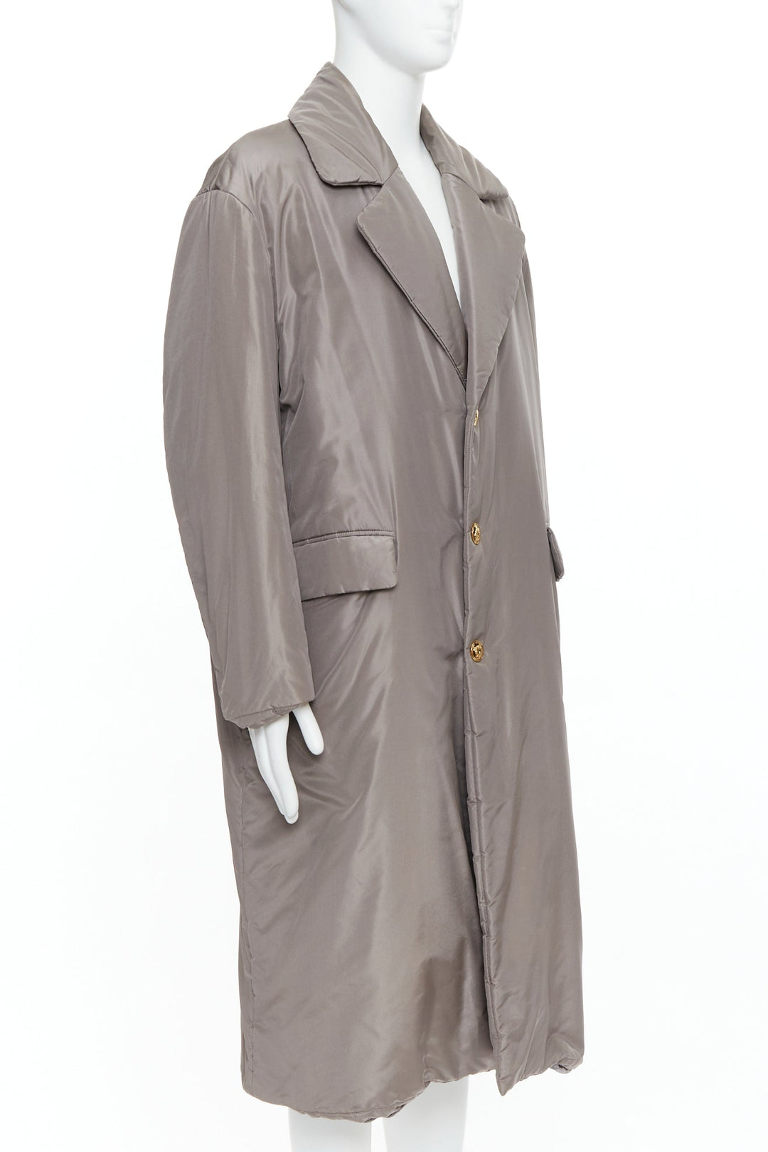 VERSACE 100% silk stone grey padded gold Medusa buttons long belted coat IT50 L