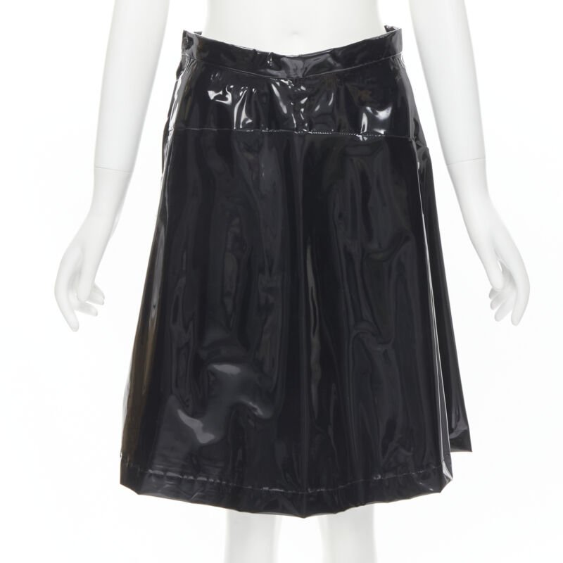 COMME DES GARCONS 1991 black vinyl plastic bias cut A-lined flared skirt L