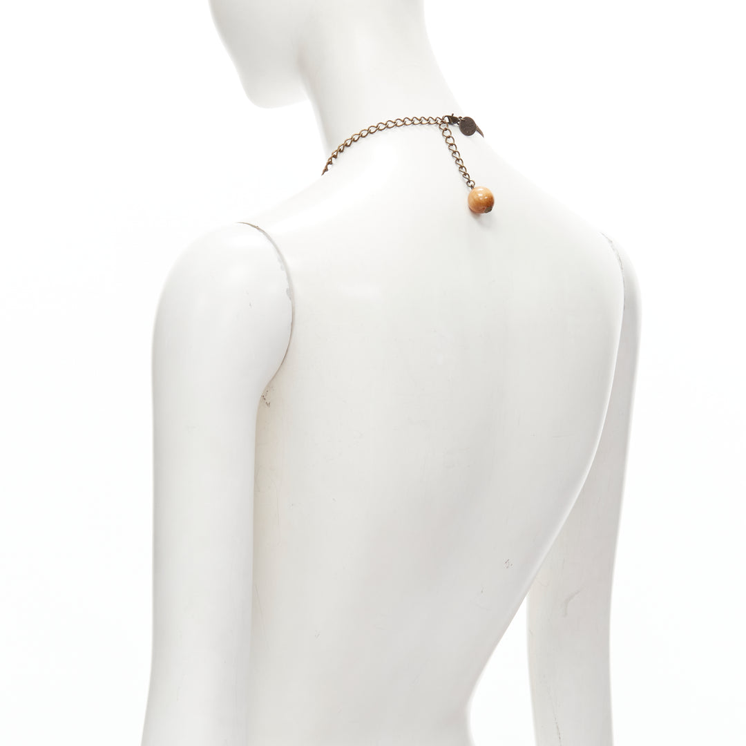 MIMCO brown acrylic wood giant crystal charm copper chain necklace