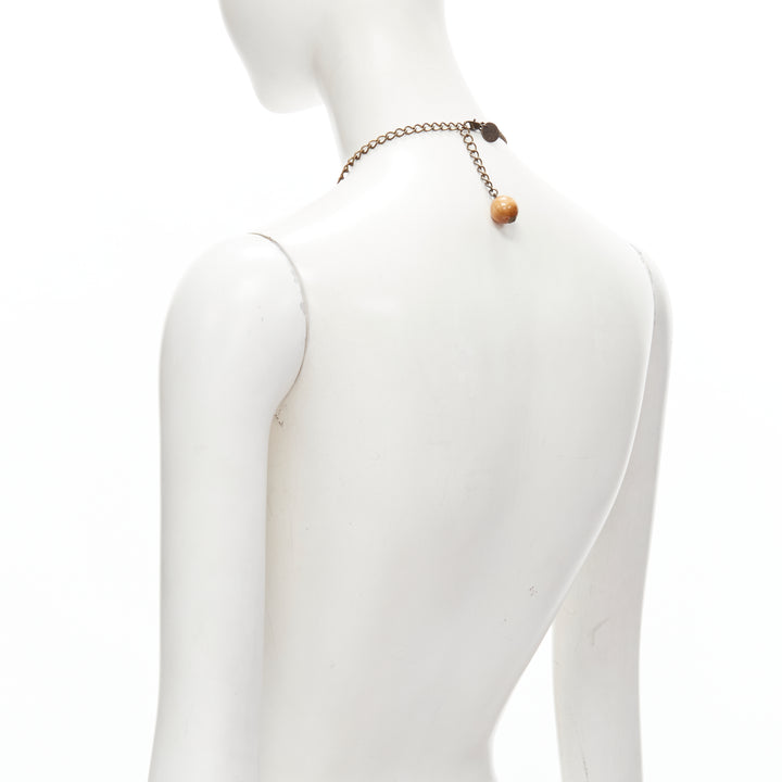 MIMCO brown acrylic wood giant crystal charm copper chain necklace