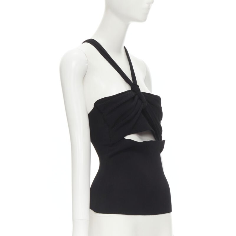 NANUSHKA black twist V strap cut out under bust knitted woven stretch top S