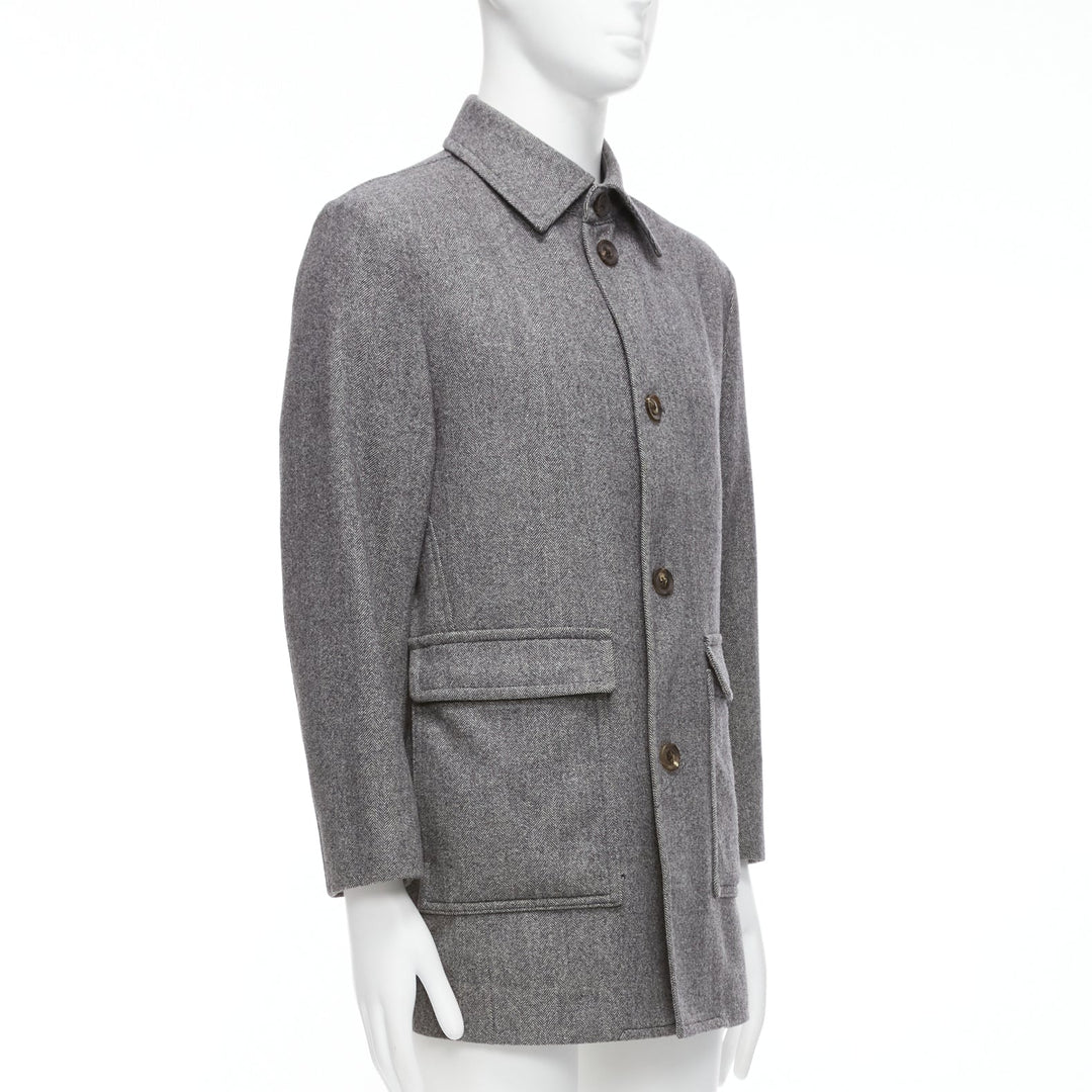 LANVIN JL grey wool blend herringbone dual pocketed overcoat IT46 S