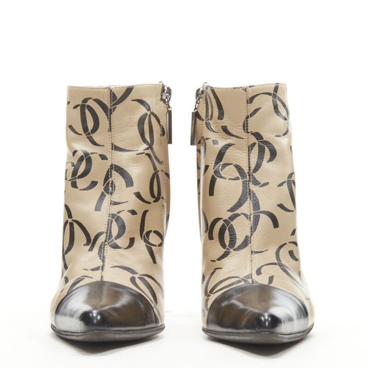 rare CHANEL 00A beige nude marked CC logo toe cap ankle bootie EU37