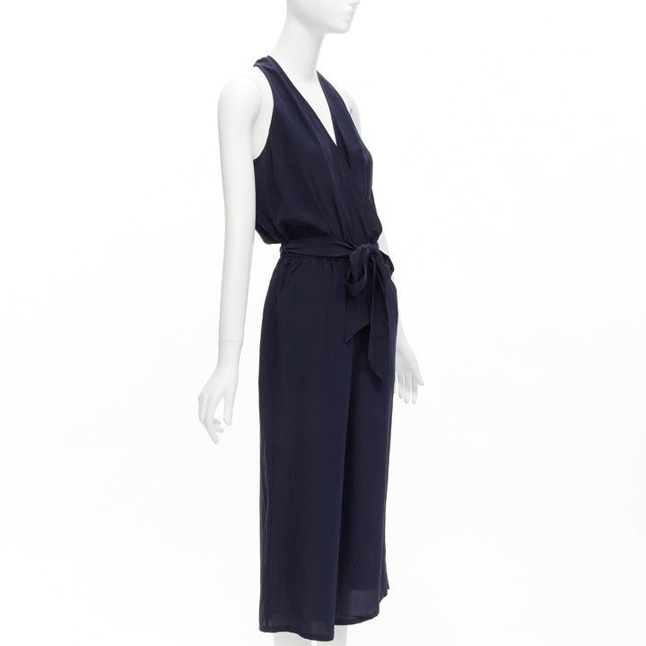 TORY BURCH 100% silk navy V neck wide leg wrap tie wide leg jumpsuit XS