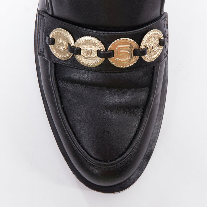 CHANEL 2023 black leather gold CC 5 coin embellished classic loafers EU37