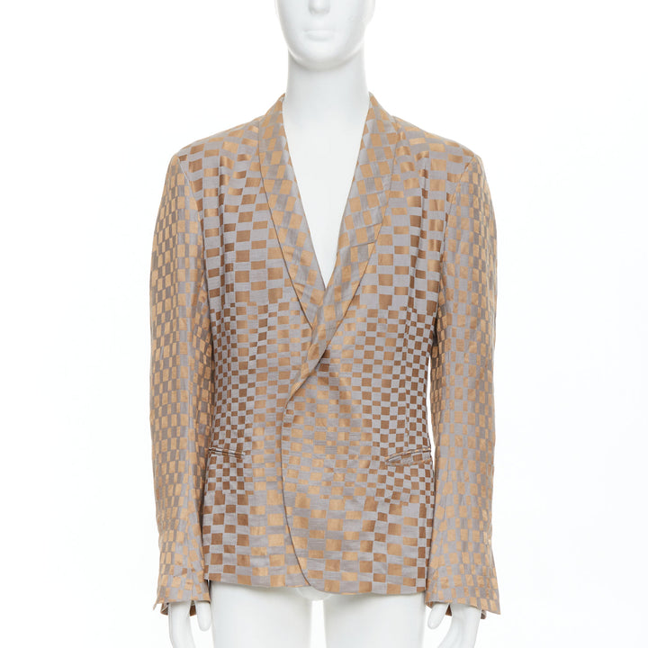 rare HAIDER ACKERMANN 2015 Runway gold silver checkered linen silk blazer XL