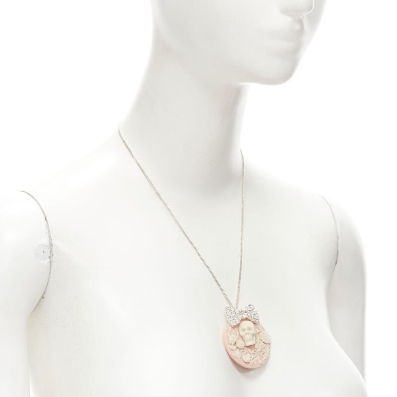 LE BIJOUX DE SOPHIE pink Barocco skull crystal bow pendant silver necklace