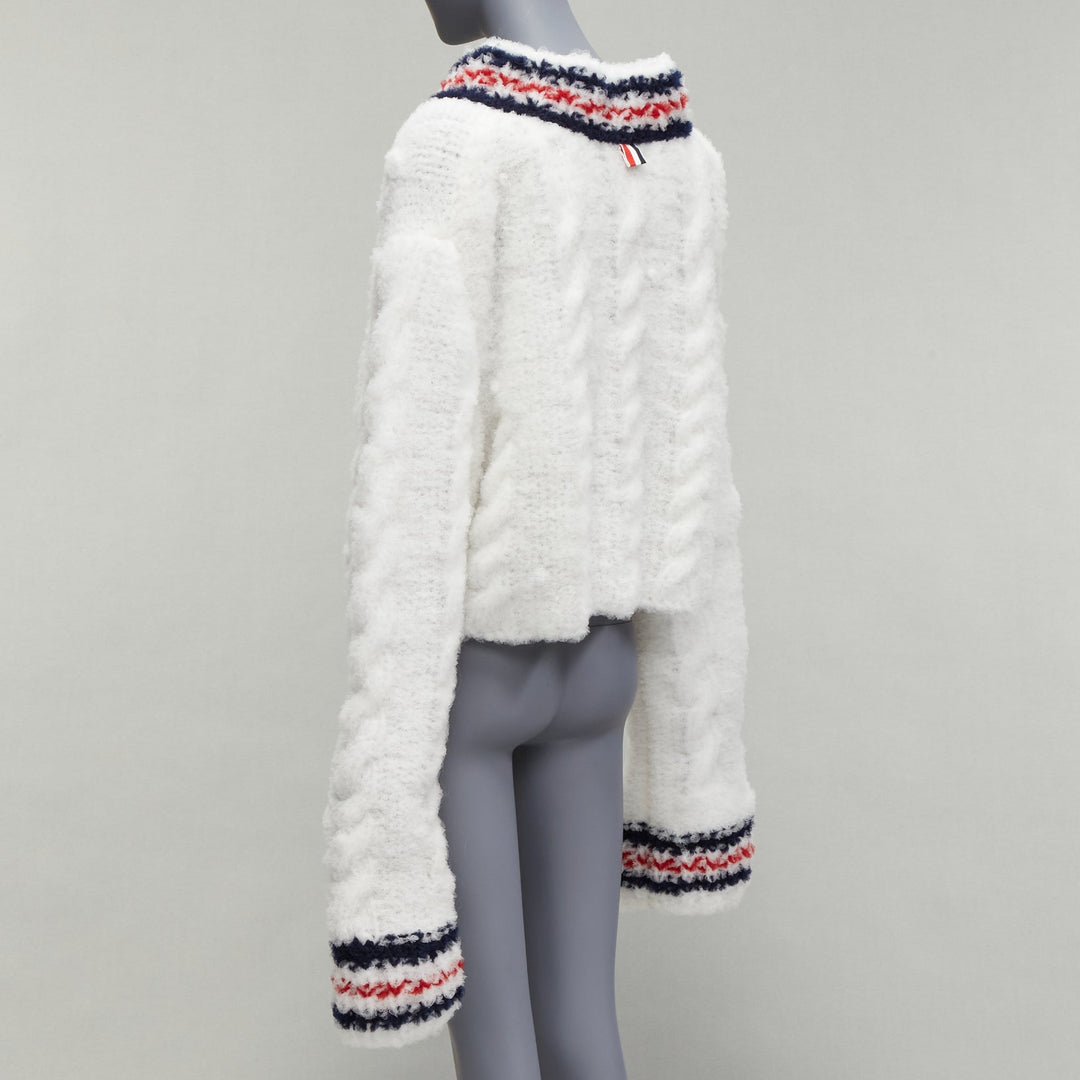 rare THOM BROWNE 2018 Runway hand knit tulle oversized varsity sweater IT36 XXS