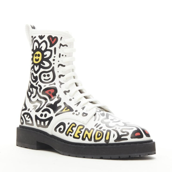 rare FENDI MR DOODLE white logo graffiti print laced combat ankle boot EU36