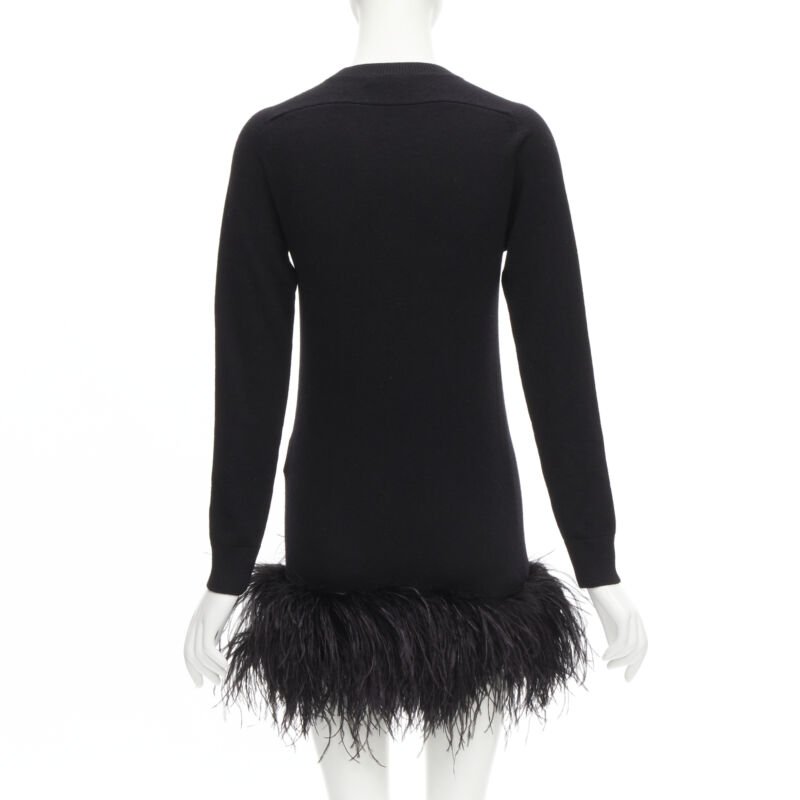 SAINT LAURENT 100% cashmere black ostrich feather trim mini sweater dress XS
