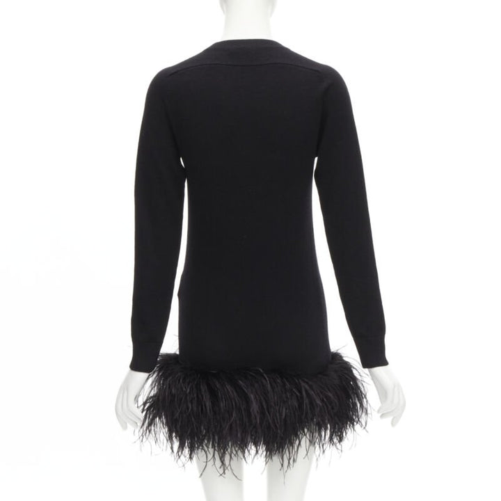 SAINT LAURENT 100% cashmere black ostrich feather trim mini sweater dress XS