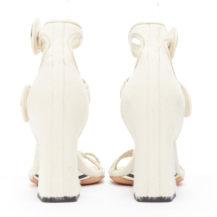 LOUIS VUITTON Anaconda white calf hair silver button braided chunky heel EU37