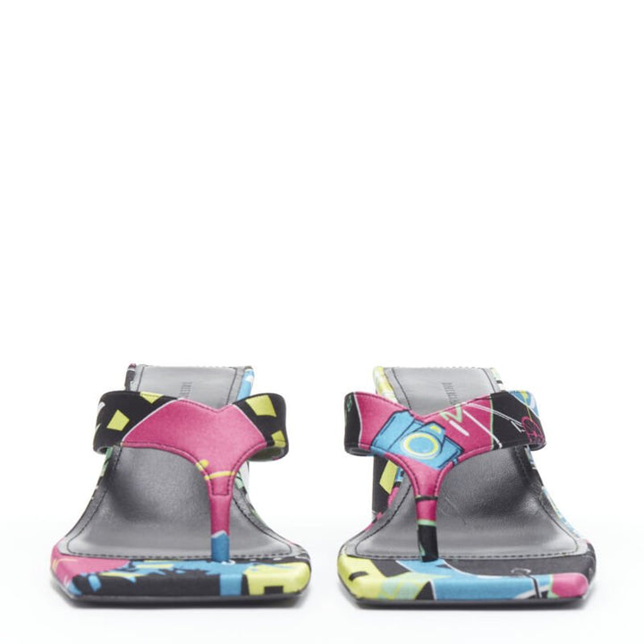 BALENCIAGA 2020 floral satin square toe mid heel mule thong sandals EU35