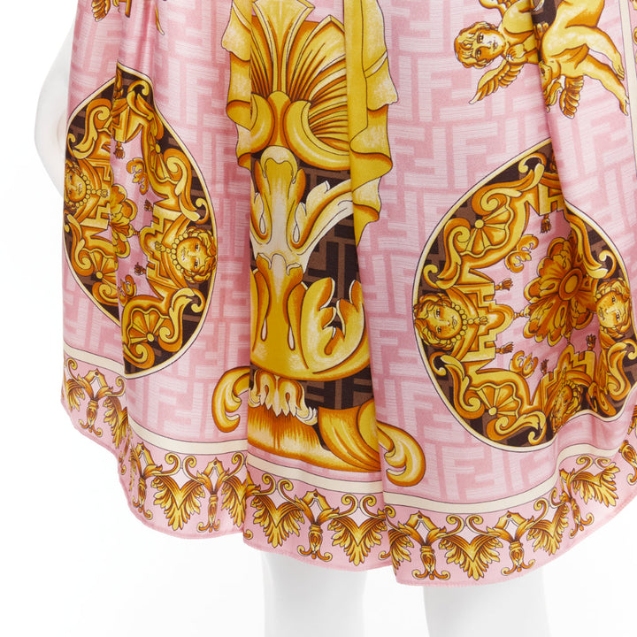 FENDACE FENDI VERSACE 2022 Runway pink gold baroque Zucca drape skirt IT42 M
