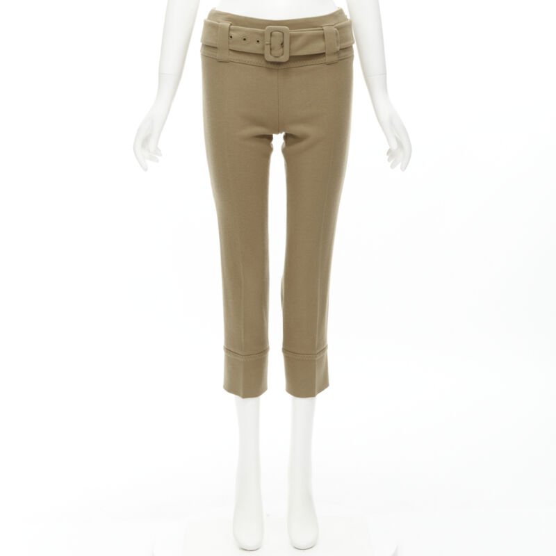 PRADA camel tan wool buckle belt tapered cropped pants XS