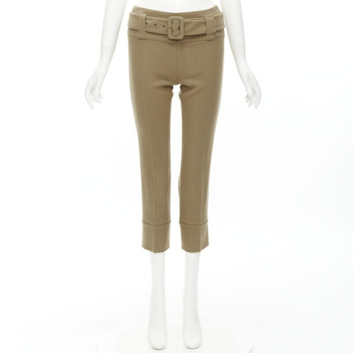 PRADA camel tan wool buckle belt tapered cropped pants XS