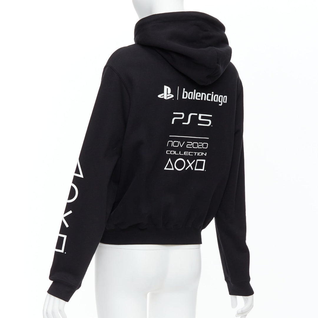 BALENCIAGA Demna 2021 black cotton PS5 logo fitted cropped hoodie M