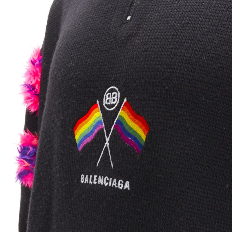 BALENCIAGA 2018 BB Pride Flag embroidery faux fur black wool turtleneck XS