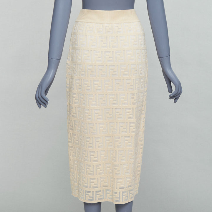 FENDI cream beige cotton blend FF Zucca monogram knit pencil skirtIT IT42 M