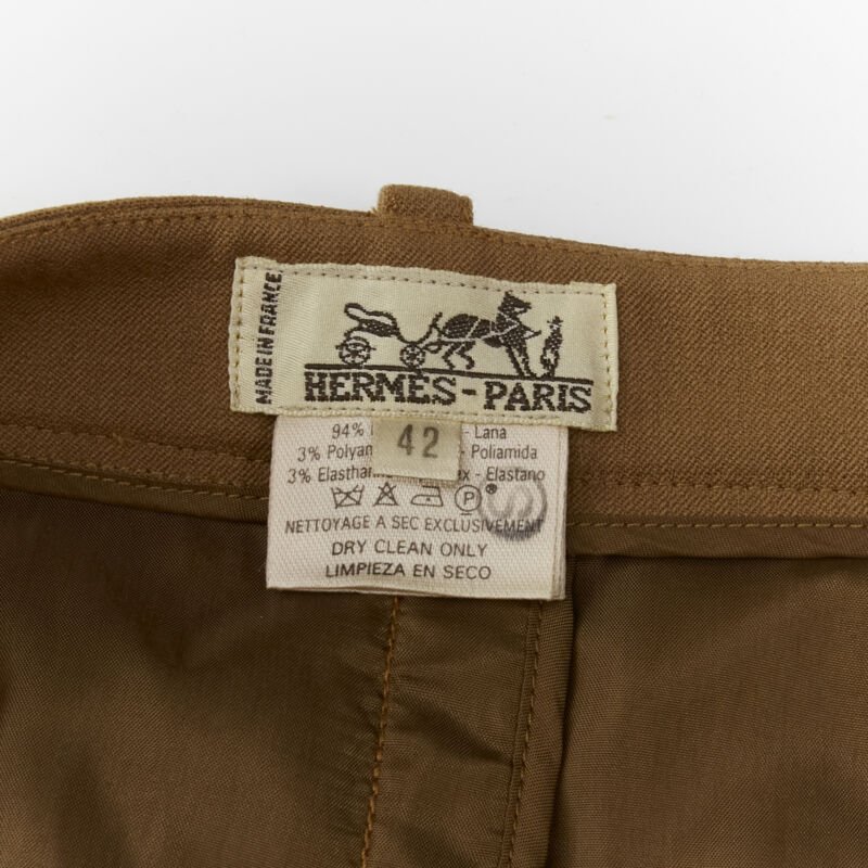 HERMES brown wool blend leather Sellier zipper pocket pencil skirt FR42 L
