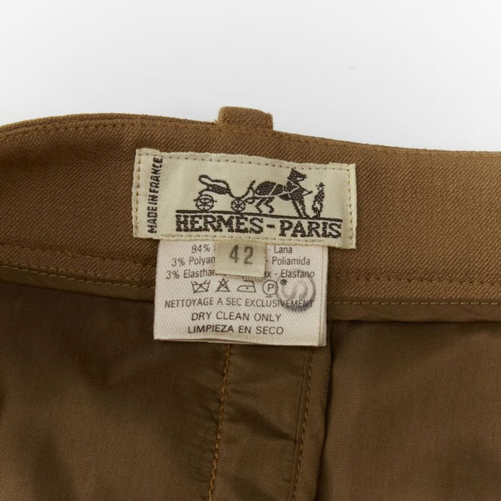 HERMES brown wool blend leather Sellier zipper pocket pencil skirt FR42 L