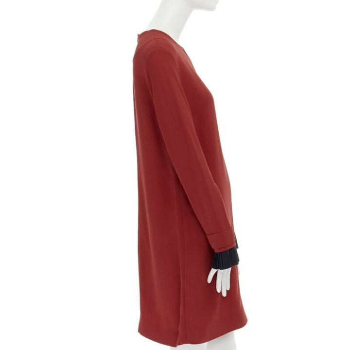 VVB VICTORIA BECKHAM red crepe navy pleated cuff long sleeves dress UK10 M
