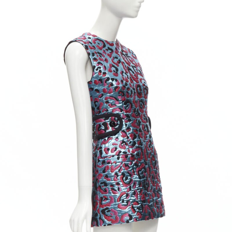 LOUIS VUITTON 2022 metallic blue pink leopard jacquard strap belt dress FR34 XS