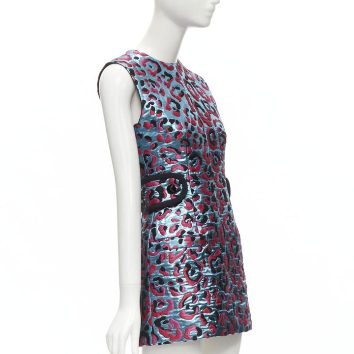 LOUIS VUITTON 2022 metallic blue pink leopard jacquard strap belt dress FR34 XS