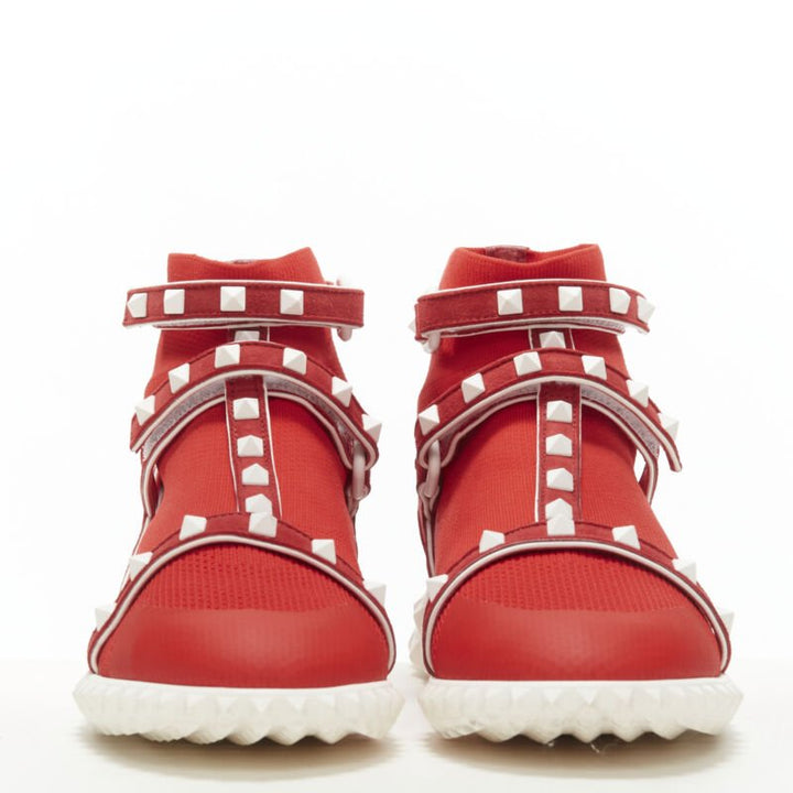 VALENTINO Free Rockstud Bodytech red sock knit white stud high top sneaker EU36