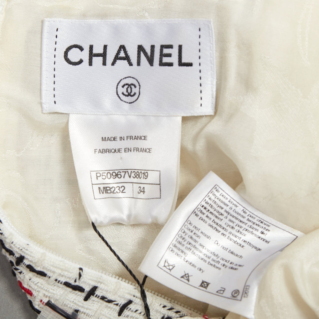 CHANEL 2015 cream red black cotton lattice tweed cap sleeve dress FR34 XS