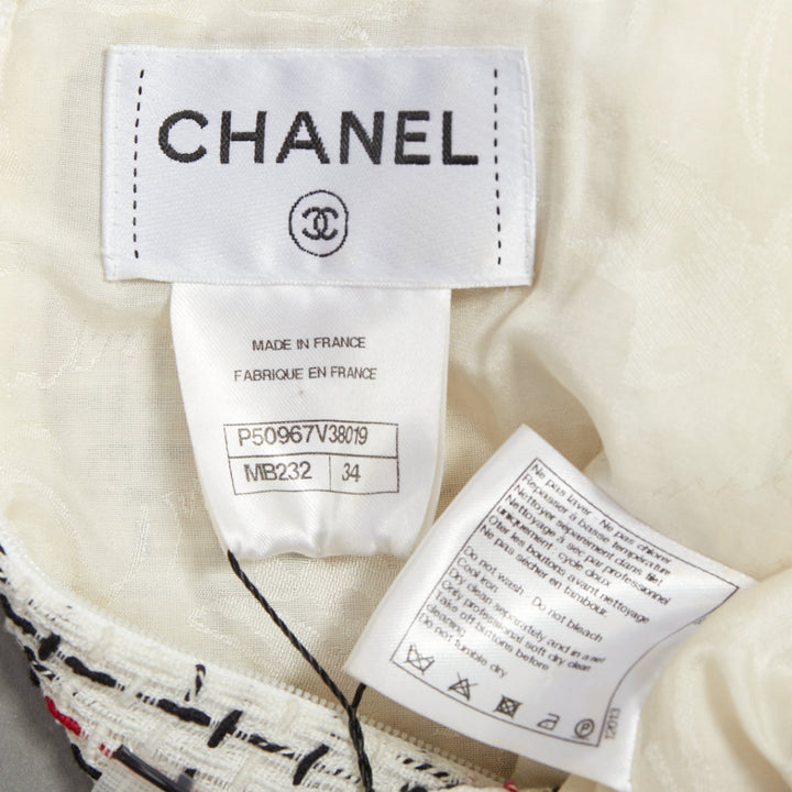 CHANEL 2015 cream red black cotton lattice tweed cap sleeve dress FR34 XS