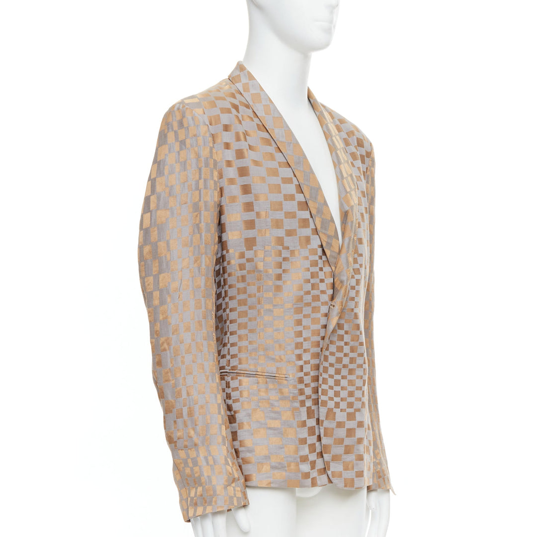 rare HAIDER ACKERMANN 2015 Runway gold silver checkered linen silk blazer XL