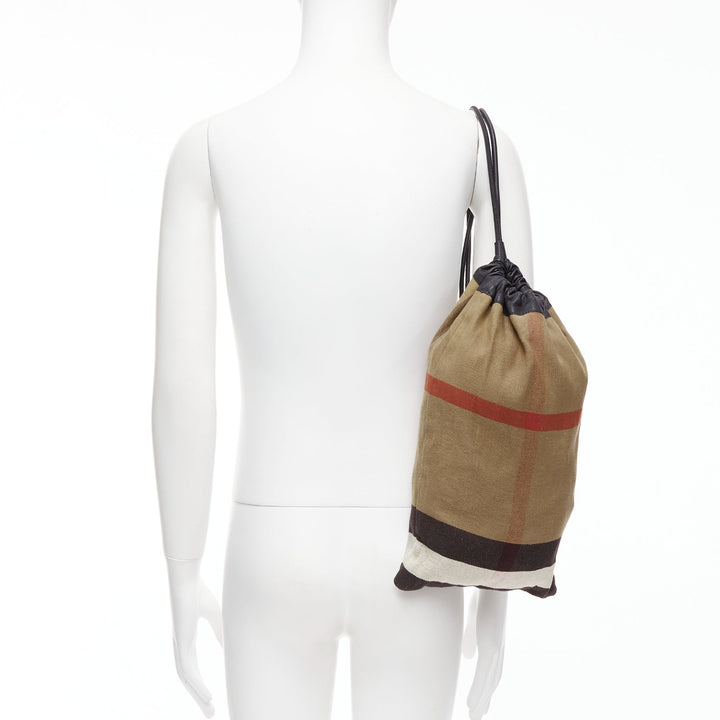 BURBERRY Hous eCheck brown jute cotton black leather trim sling backpack