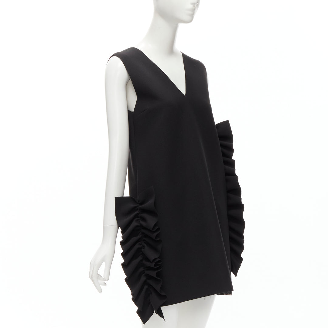 MSGM black structured ruffles V neck logo zip mini dress IT40 S