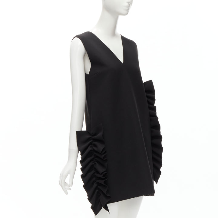 MSGM black structured ruffles V neck logo zip mini dress IT40 S