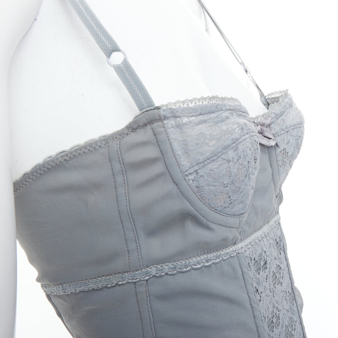 DOLCE GABBANA Vintage grey bow lace fitted boned bustier bodysuit top IT38 XS