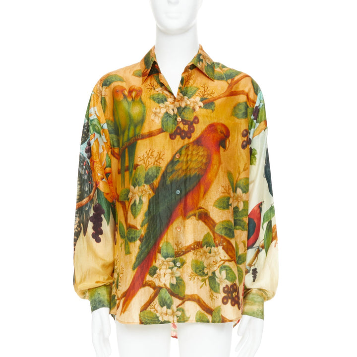rare SABYASACHI 100% silk parrot bat mixed animal floral print shirt EU42 XL