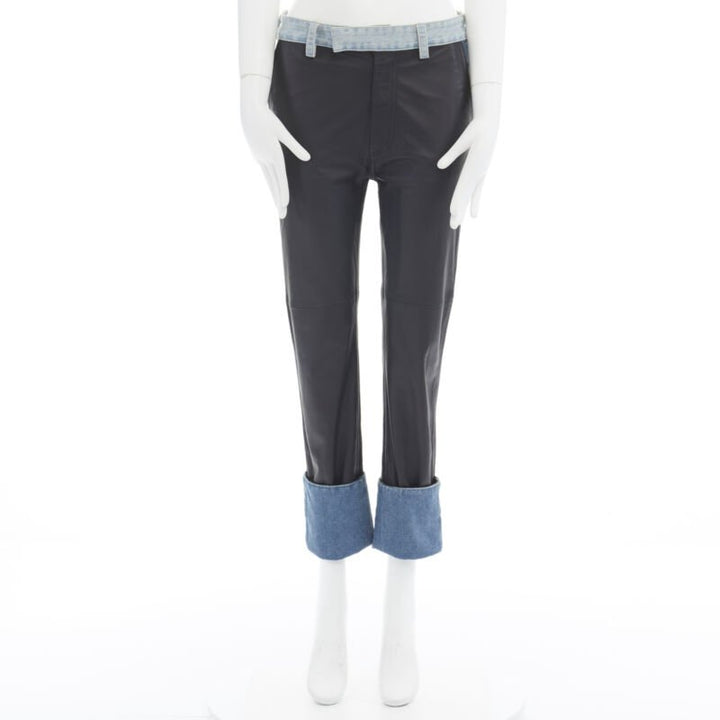 MAISON MARGIELA black leather blue denim trim cuffed jeans pants IT38 XS